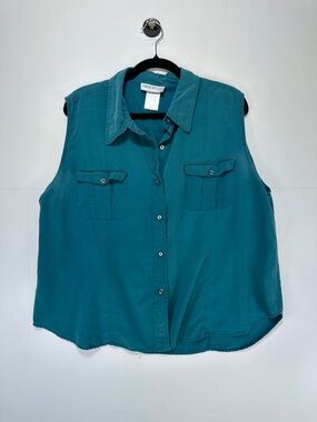 Principles Silk Sleeveless Button Down Blouse Teal Green Minimalist Size XL
